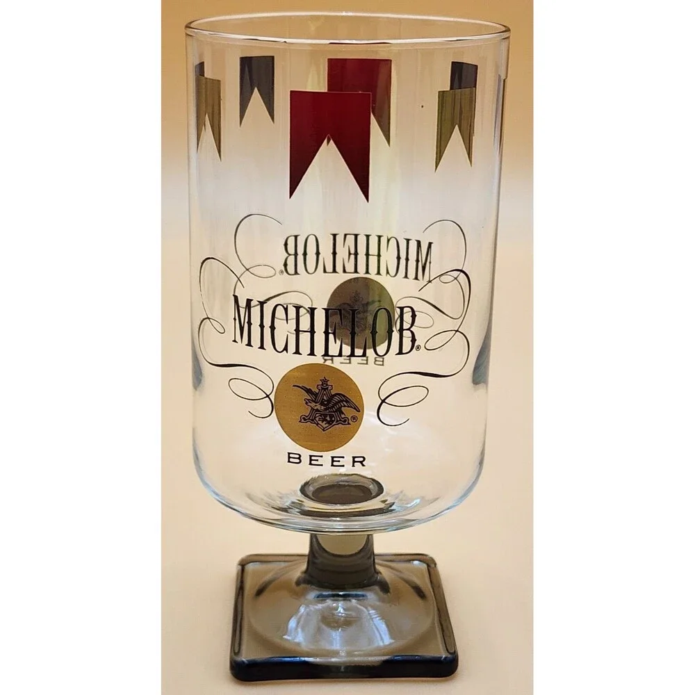 Set Of Six (6) Vintage Michelob Beer Glasses Square Footed Stem Base